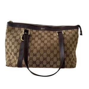 Gucci GG Canvas Abbey Monogram Tote D-Ring Shoulder Leather Handbag Purse Bag